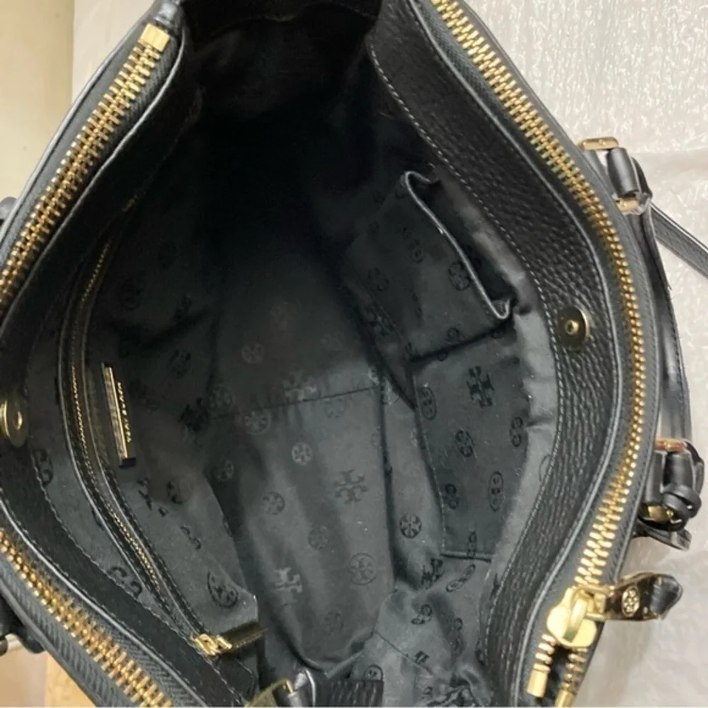 Tory Burch black pebbled leather double zipper bag with strap